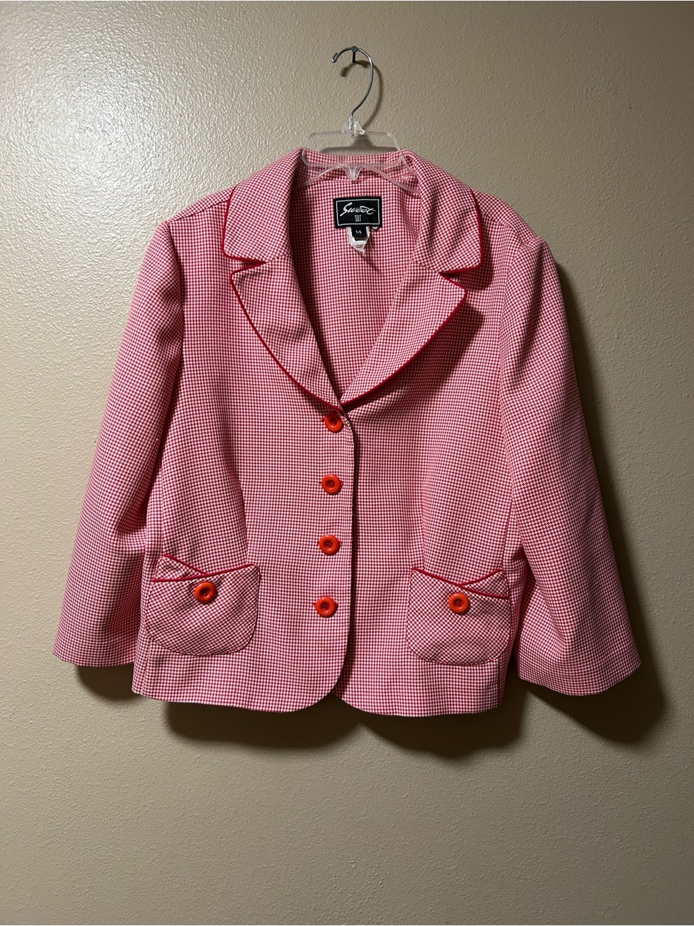 Vintage Sweet Suit Womens Blazer 14 Red White Houndstooth Retro Pin Up Academia